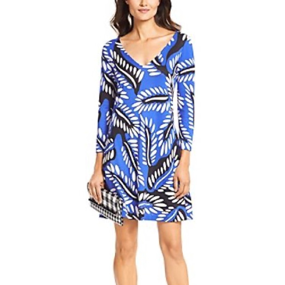 Diane Von Furstenberg Silk Blue/White/Black Floral Vneck Kaden Dress Size 0/XS